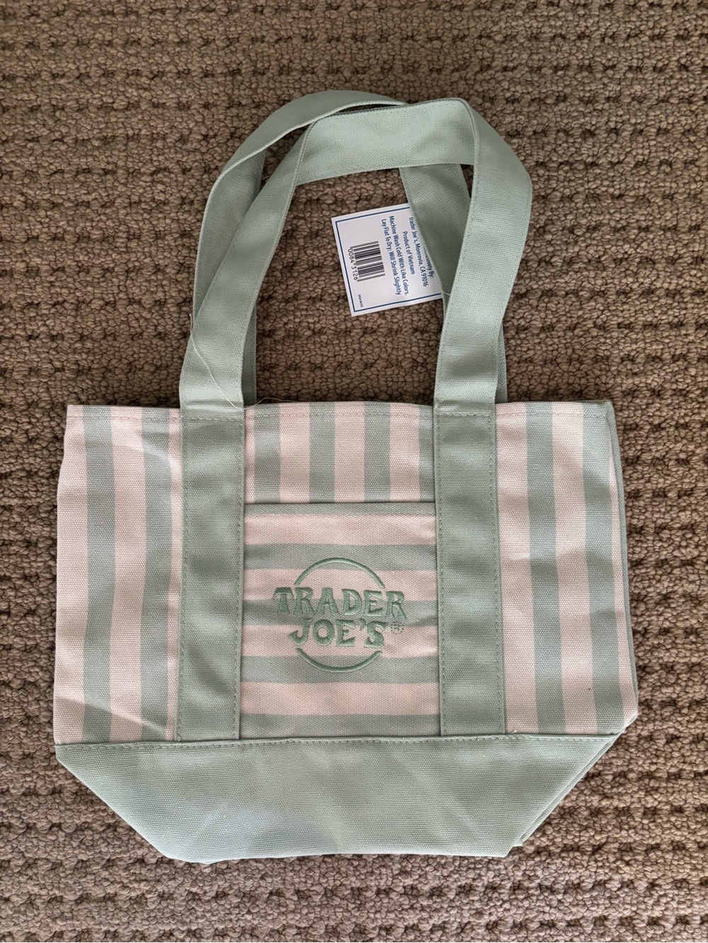Trader Joe Mint Green & White Striped Canvas Tote Bag
